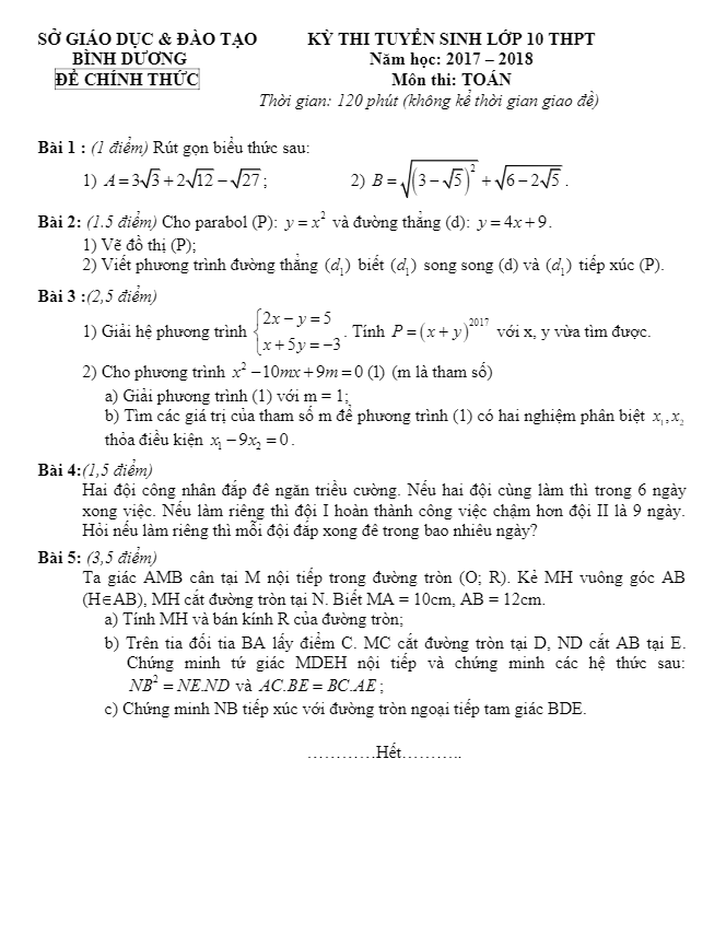 Đề thi tuyển sinh THPT năm học 2017 2018 môn Toán sở GD và ĐT Bình Dương