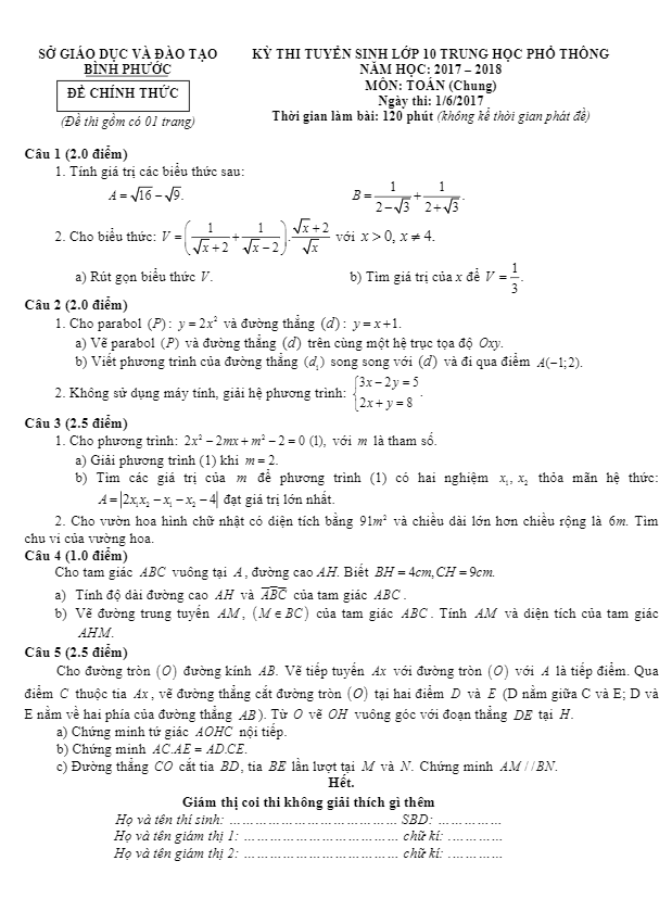 Đề thi tuyển sinh THPT năm học 2017 2018 môn Toán sở GD và ĐT Bình Phước
