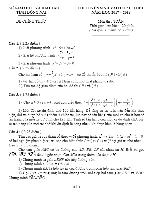 Đề thi tuyển sinh THPT năm học 2017 2018 môn Toán sở GD và ĐT Đồng Nai