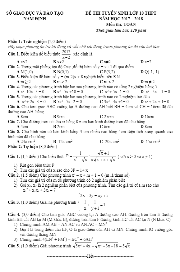 Đề thi tuyển sinh THPT năm học 2017 2018 môn Toán sở GD và ĐT Nam Định