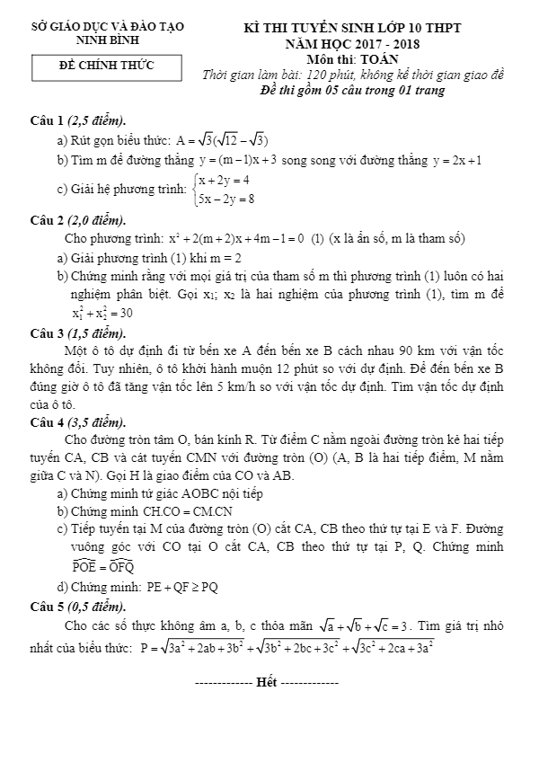 Đề thi tuyển sinh THPT năm học 2017 2018 môn Toán sở GD và ĐT Ninh Bình
