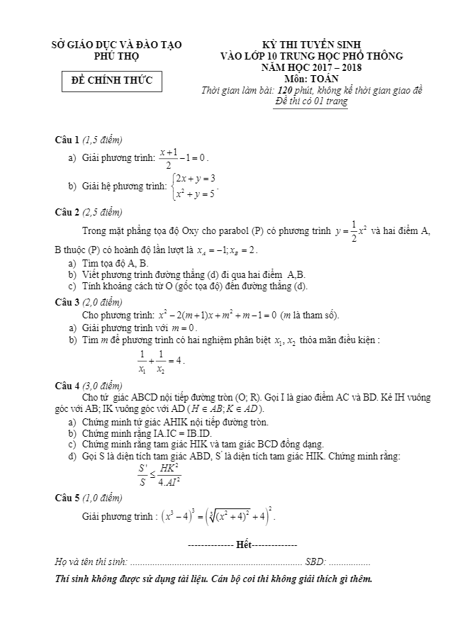 Đề thi tuyển sinh THPT năm học 2017 2018 môn Toán sở GD và ĐT Phú Thọ