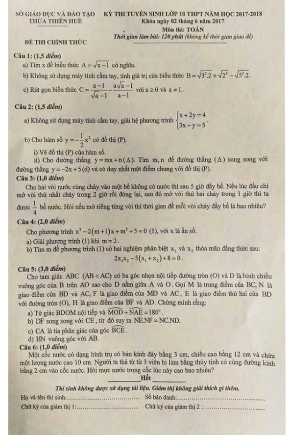 Đề thi tuyển sinh THPT năm học 2017 2018 môn Toán sở GD và ĐT Thừa Thiên Huế