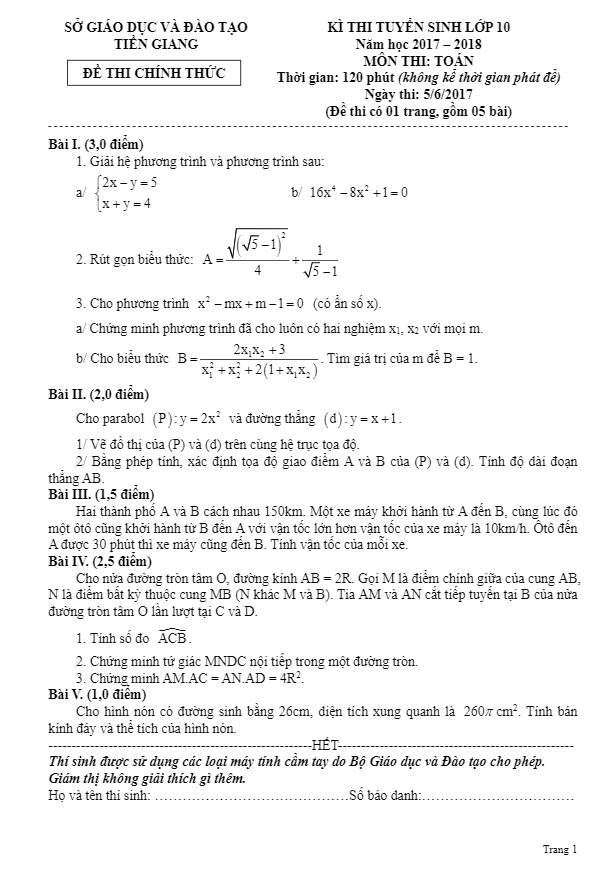 Đề thi tuyển sinh THPT năm học 2017 2018 môn Toán sở GD và ĐT Tiền Giang