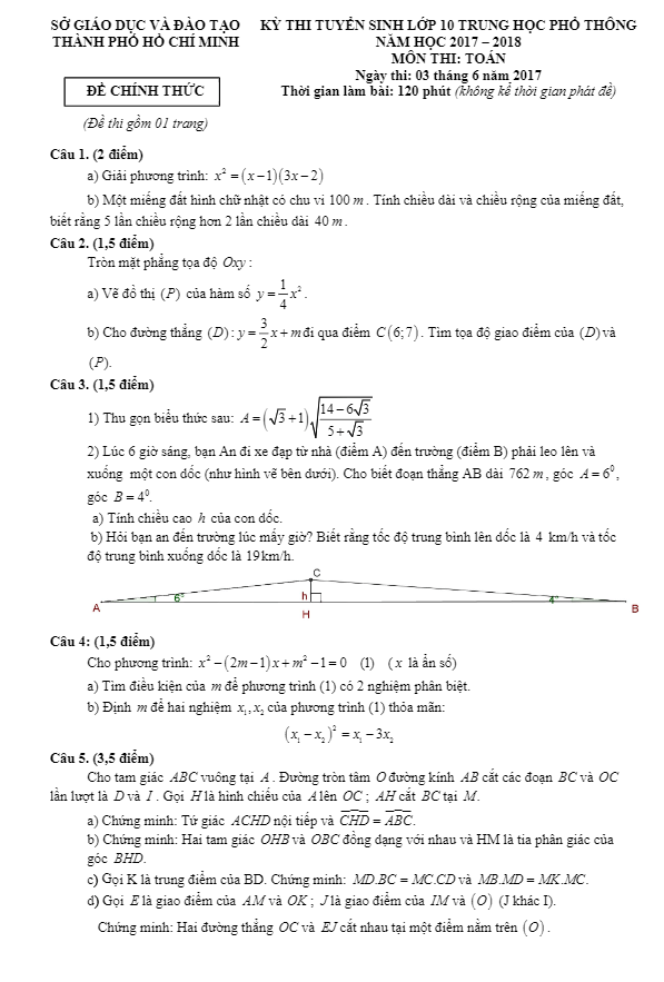 Đề thi tuyển sinh THPT năm học 2017 2018 môn Toán sở GD và ĐT TP. HCM