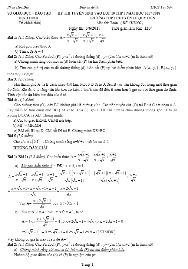 Đề thi tuyển sinh THPT năm học 2017 2018 môn Toán trường THPT chuyên Lê Quý Đôn Bình Định