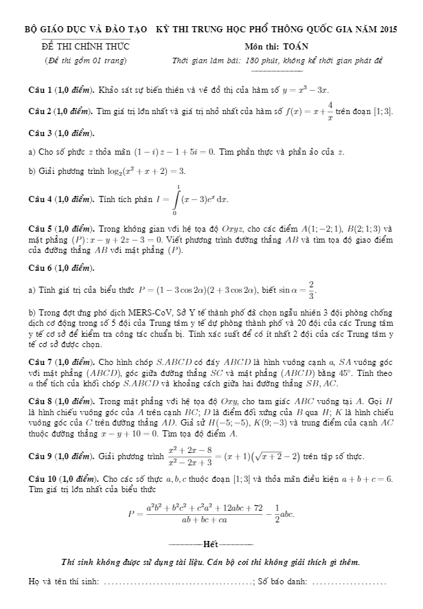 Đề thi và đáp án lớp 2015 môn Toán