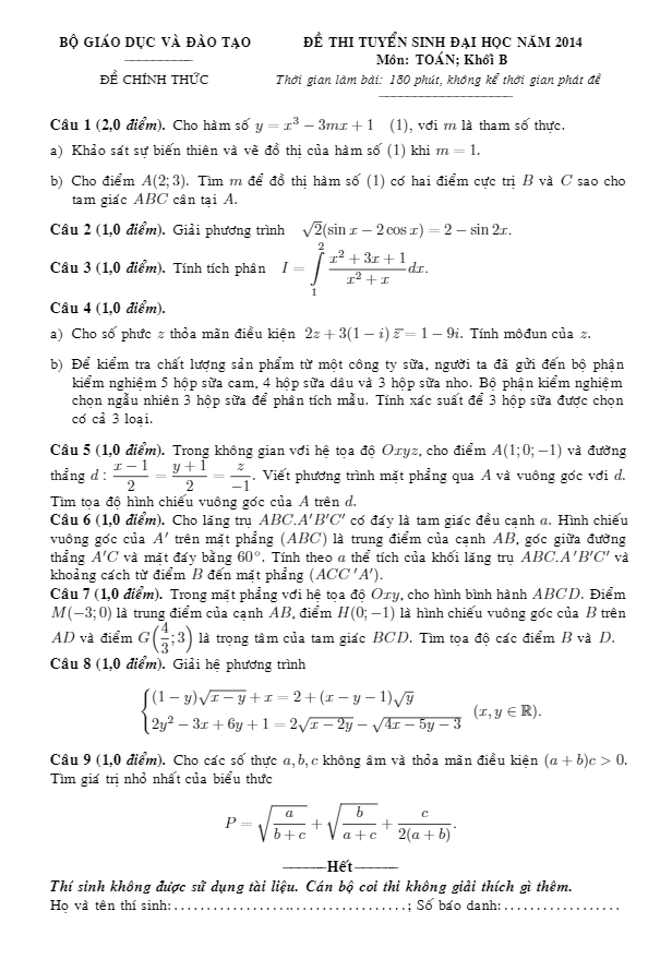 Đề thi và đáp án môn Toán khối B năm 2014