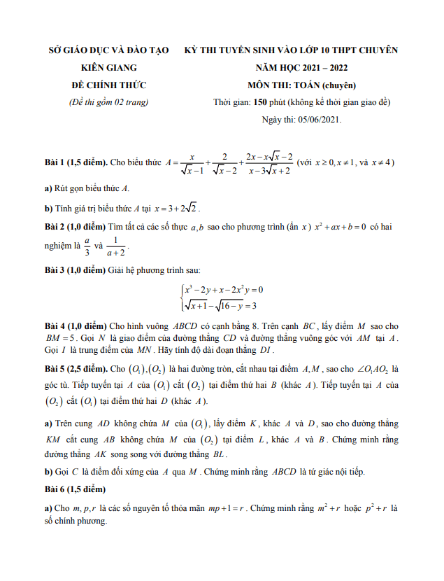 Đề thi vào 10 chuyên môn Toán (chuyên) năm 2021 2022 sở GD ĐT Kiên Giang