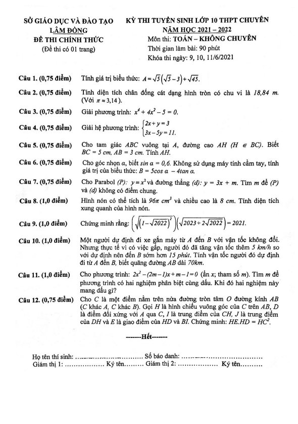 Đề thi vào 10 chuyên môn Toán (không chuyên) năm 2021 2022 sở GD ĐT Lâm Đồng
