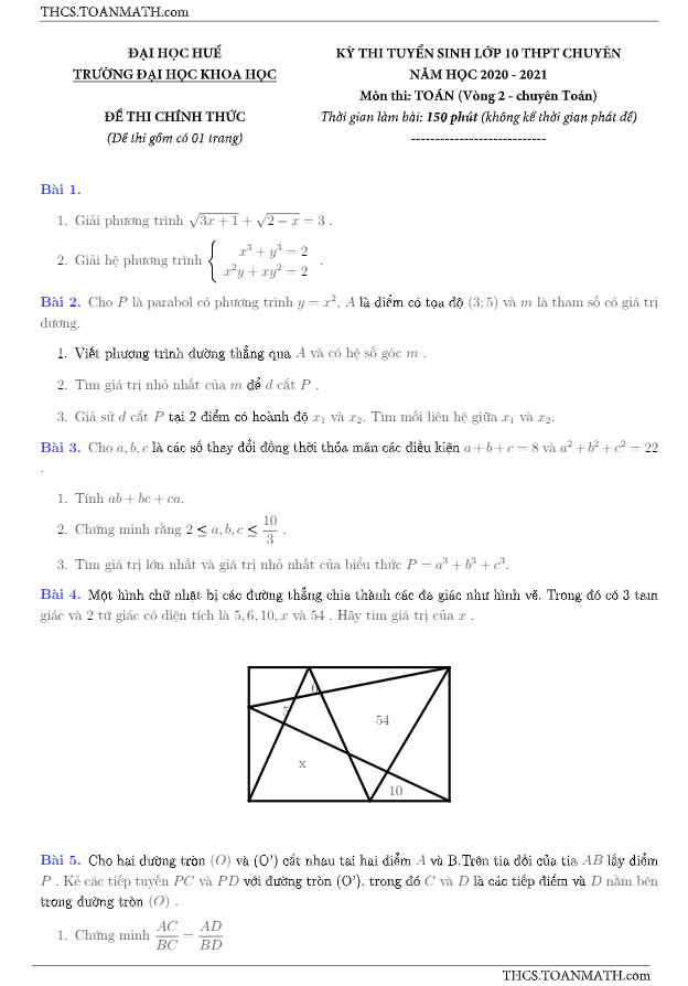 Đề thi vào 10 chuyên môn Toán năm 2020 2021 trường ĐHKH Huế (vòng 2)