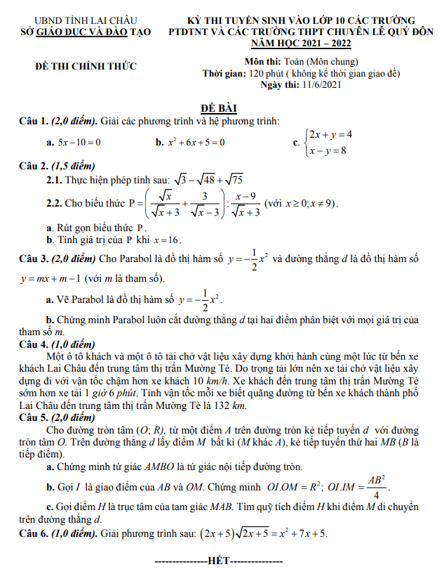 Đề thi vào 10 môn Toán (chung) năm 2021 2022 trường chuyên Lê Quý Đôn Lai Châu