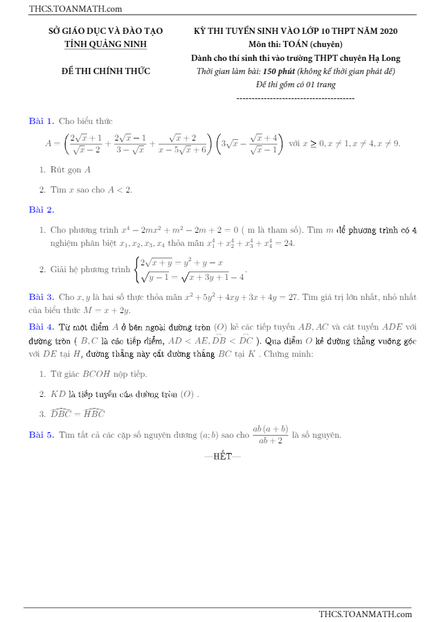 Đề thi vào 10 môn Toán (chuyên) năm 2020 2021 trường chuyên Hạ Long Quảng Ninh