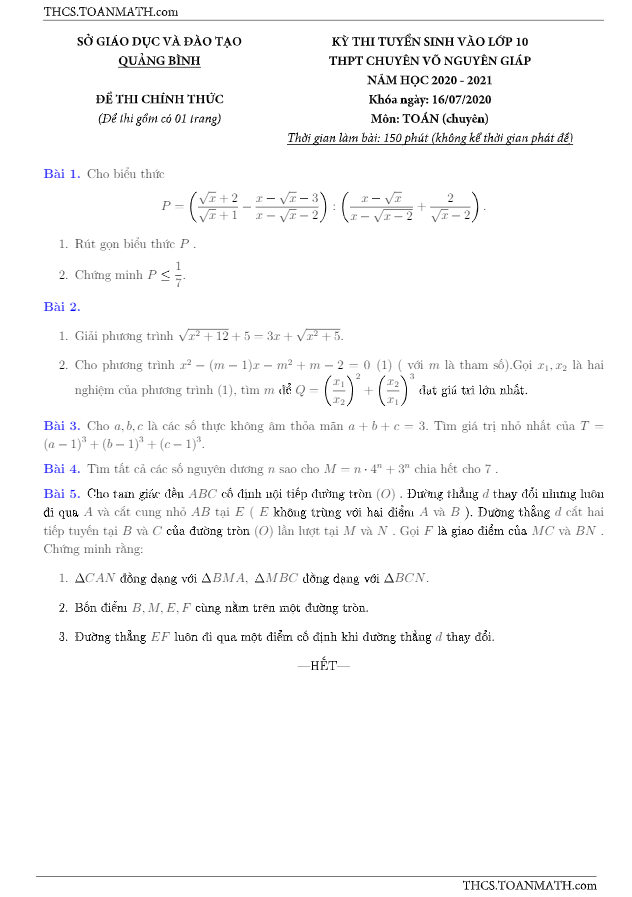 Đề thi vào 10 môn Toán (chuyên) năm 2020 2021 trường chuyên Võ Nguyên Giáp Quảng Bình