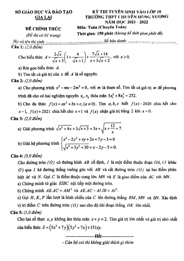 Đề thi vào 10 môn Toán (chuyên) năm 2021 2022 trường chuyên Hùng Vương Gia Lai