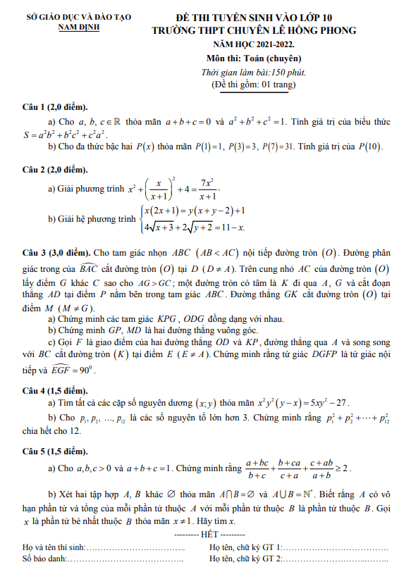 Đề thi vào 10 môn Toán (chuyên) năm 2021 2022 trường chuyên Lê Hồng Phong Nam Định