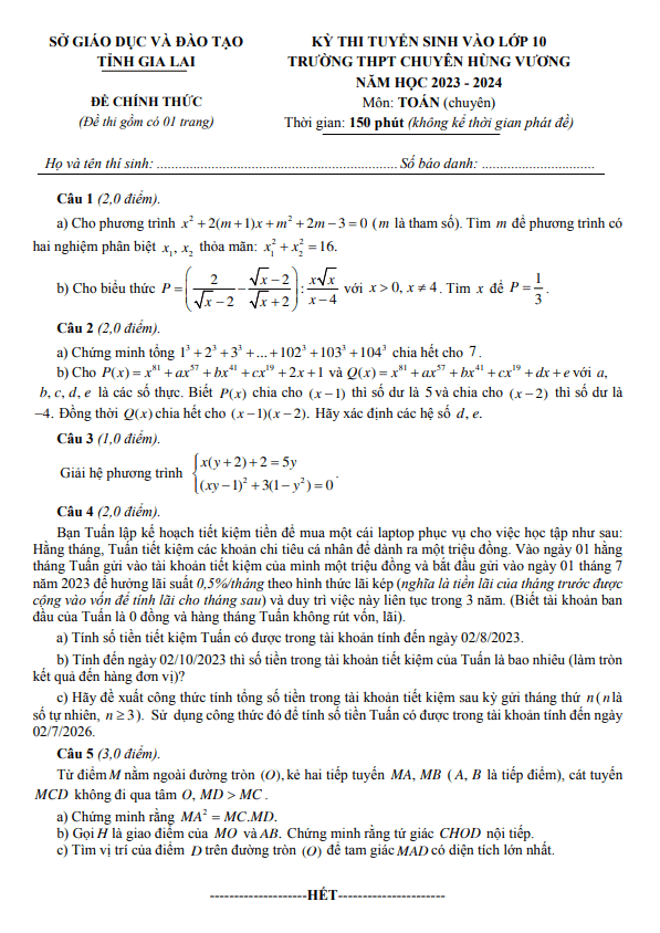 Đề thi vào 10 môn Toán (chuyên) năm 2023 2024 trường chuyên Hùng Vương Gia Lai