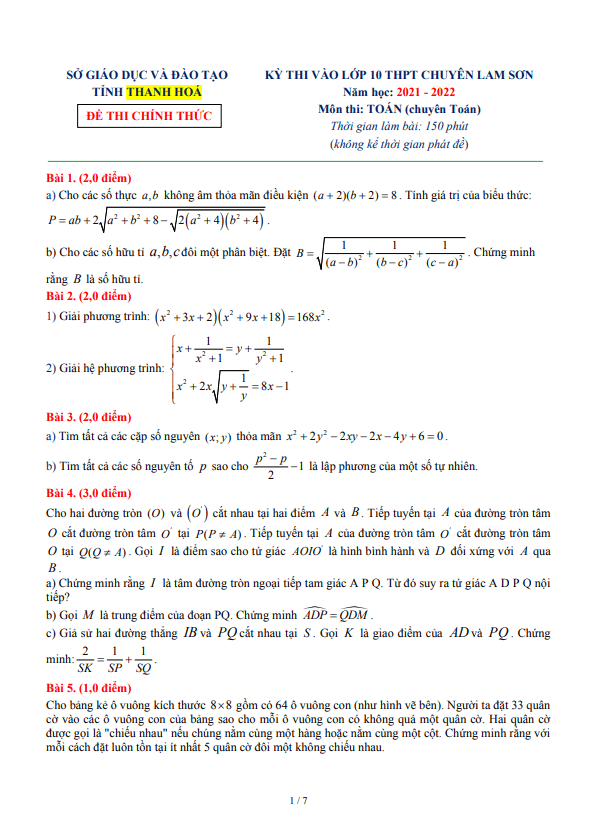 Đề thi vào 10 môn Toán (chuyên Toán) năm 2021 2022 trường chuyên Lam Sơn Thanh Hóa