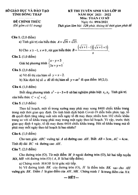 Đề thi vào 10 môn Toán cơ sở năm 2021 2022 sở GD ĐT Đồng Tháp