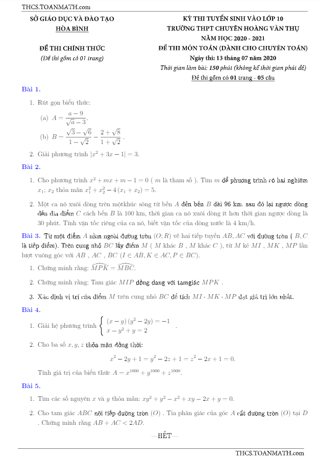 Đề thi vào 10 môn Toán năm 2020 2021 trường chuyên Hoàng Văn Thụ Hòa Bình (đề chuyên)
