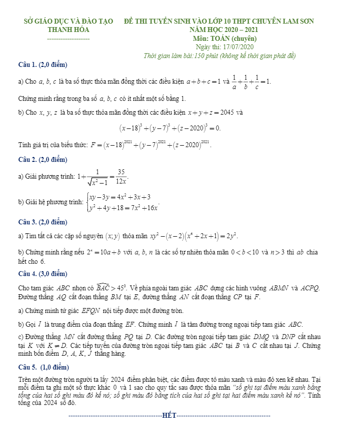 Đề thi vào 10 môn Toán năm 2020 2021 trường THPT chuyên Lam Sơn Thanh Hóa