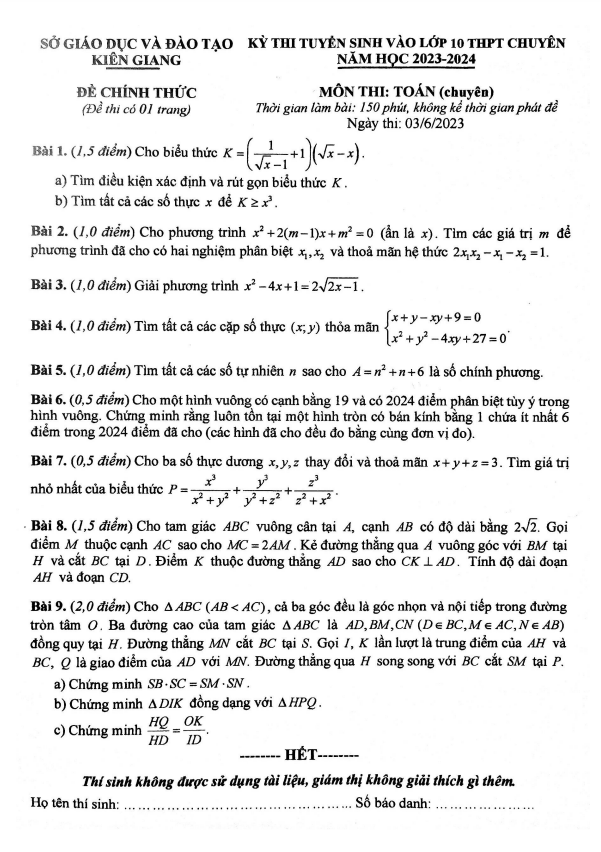 Đề thi vào chuyên môn Toán (chuyên) năm 2023 2024 sở GD ĐT Kiên Giang