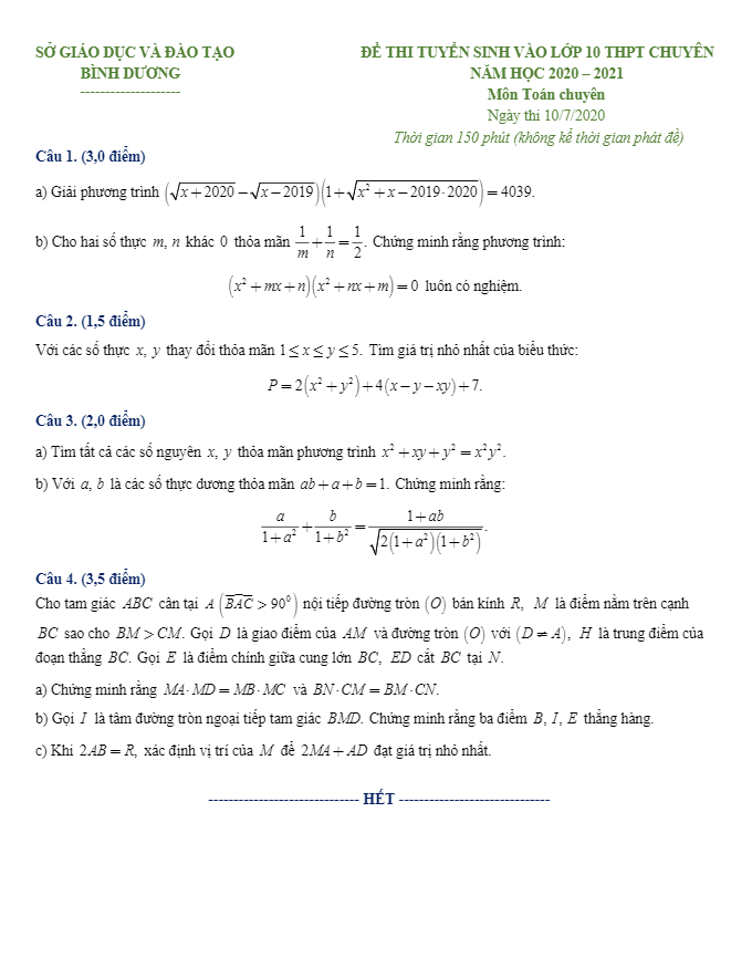 Đề thi vào chuyên môn Toán năm 2020 2021 sở GD ĐT Bình Dương (chuyên)