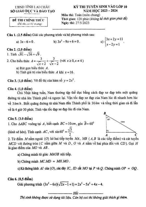 Đề thi vào môn Toán (chung) năm 2023 2024 sở GD ĐT Lai Châu