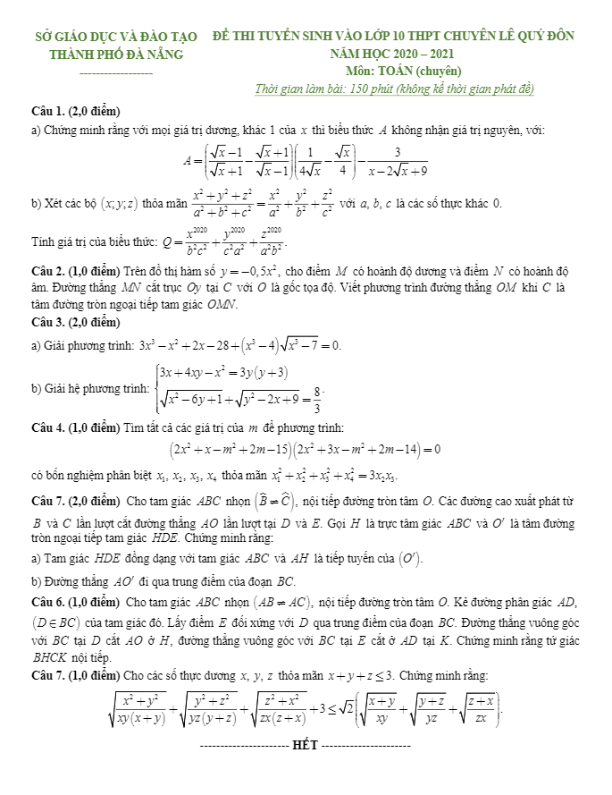Đề thi vào môn Toán năm 2020 2021 trường chuyên Lê Quý Đôn Đà Nẵng