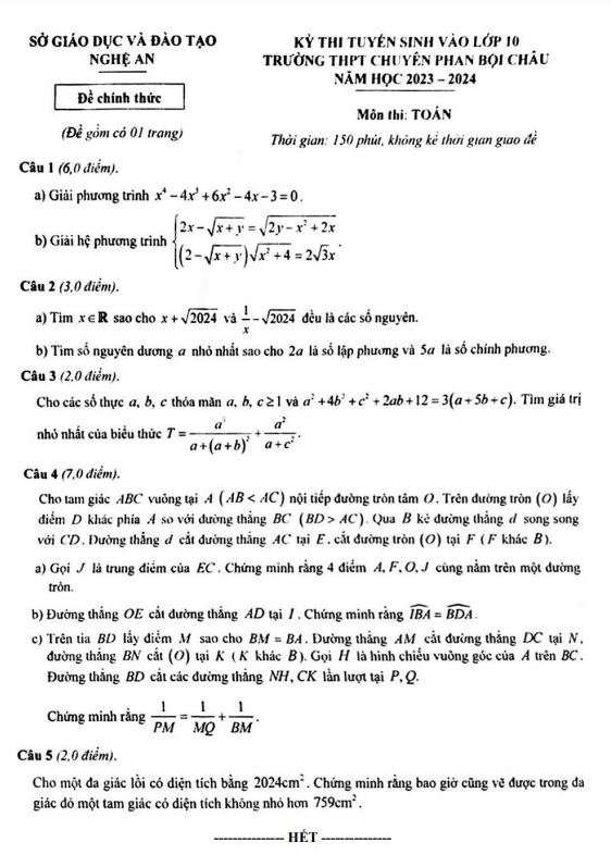 Đề thi vào môn Toán năm 2023 2024 trường chuyên Phan Bội Châu Nghệ An