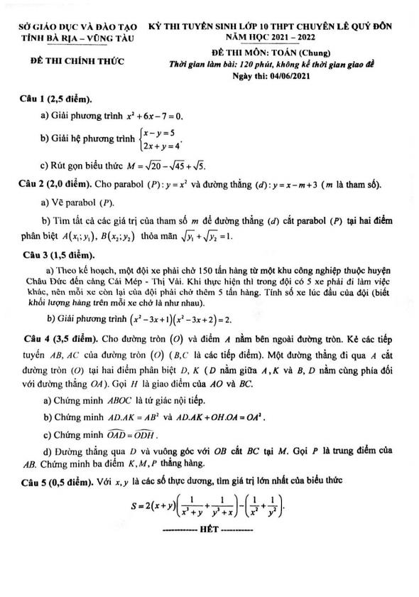 Đề Toán (chung) thi vào 10 năm 2021 2022 trường chuyên Lê Quý Đôn BR VT