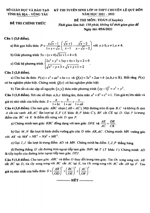 Đề Toán (chuyên) thi vào 10 năm 2021 2022 trường chuyên Lê Quý Đôn BR VT