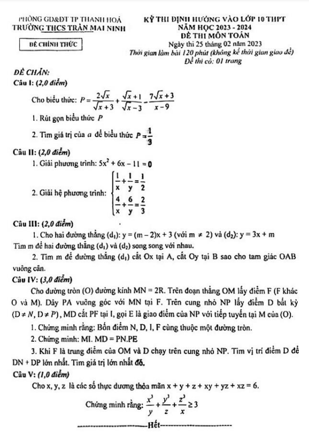 Đề Toán định hướng vào 10 năm 2023 2024 trường THCS Trần Mai Ninh Thanh Hóa