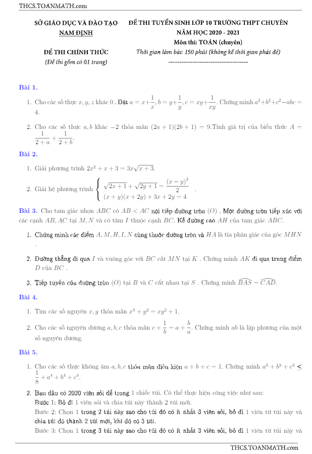 Đề Toán tuyển sinh chuyên năm 2020 2021 sở GD ĐT Nam Định (Đề chuyên)