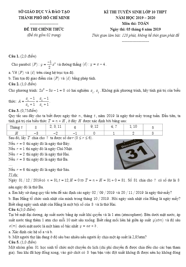 Đề Toán tuyển sinh năm 2019 2020 sở GD ĐT thành phố Hồ Chí Minh