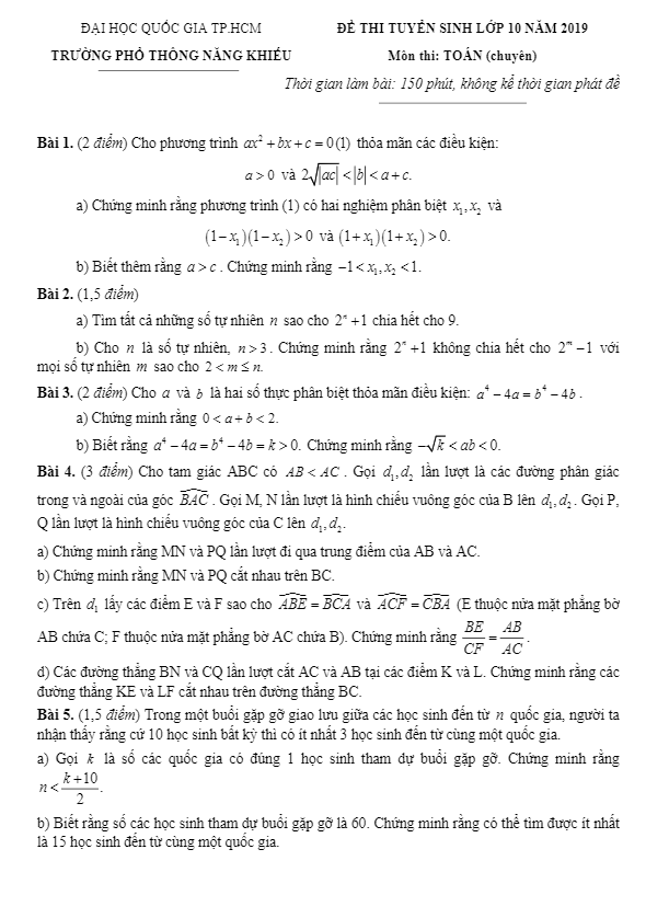 Đề Toán tuyển sinh năm 2019 trường PTNK TP HCM (Vòng 2)