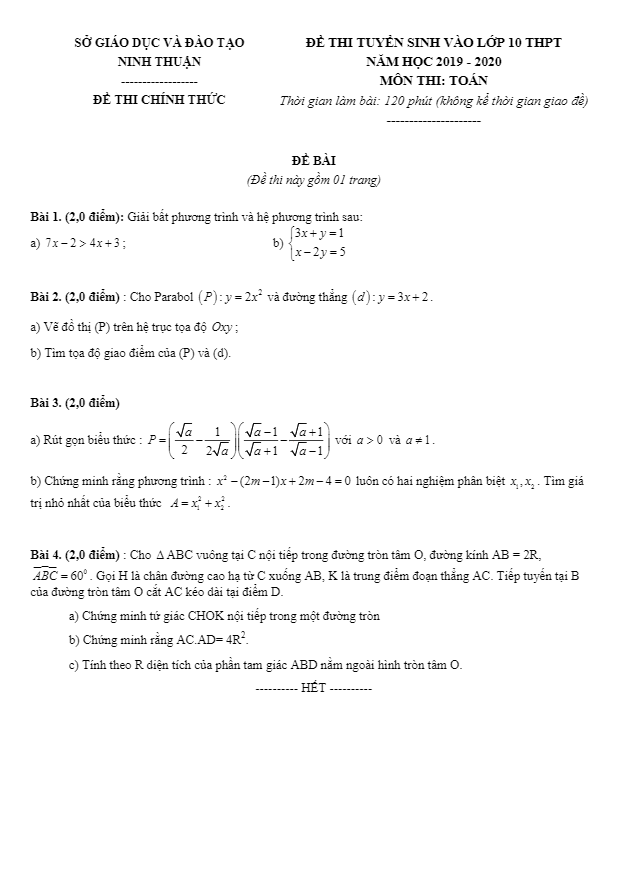 Đề Toán tuyển sinh THPT năm 2019 2020 sở GD ĐT Ninh Thuận