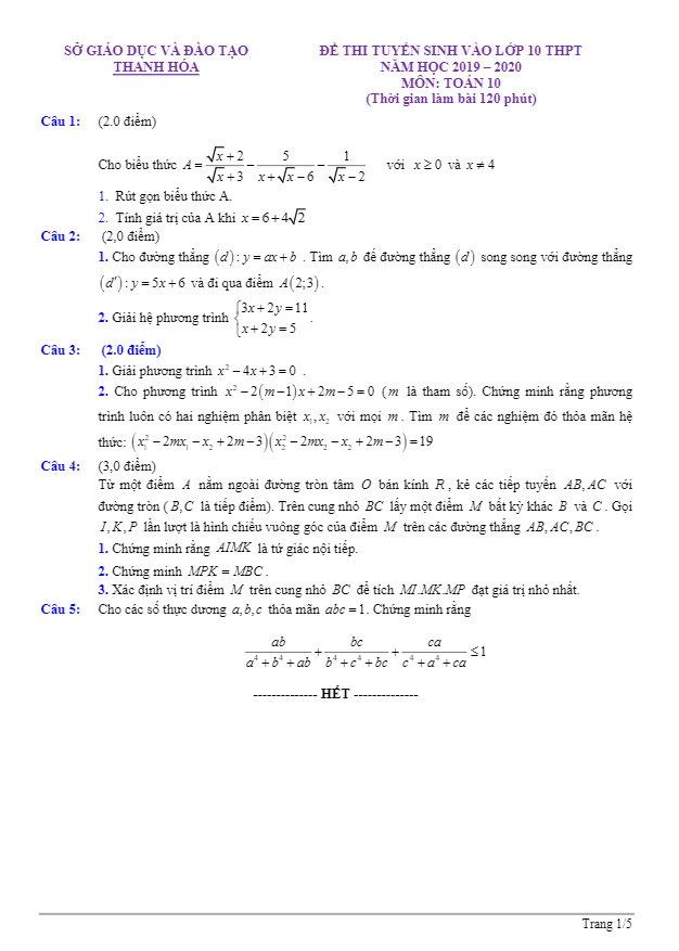 Đề Toán tuyển sinh THPT năm 2019 2020 sở GD ĐT Thanh Hóa