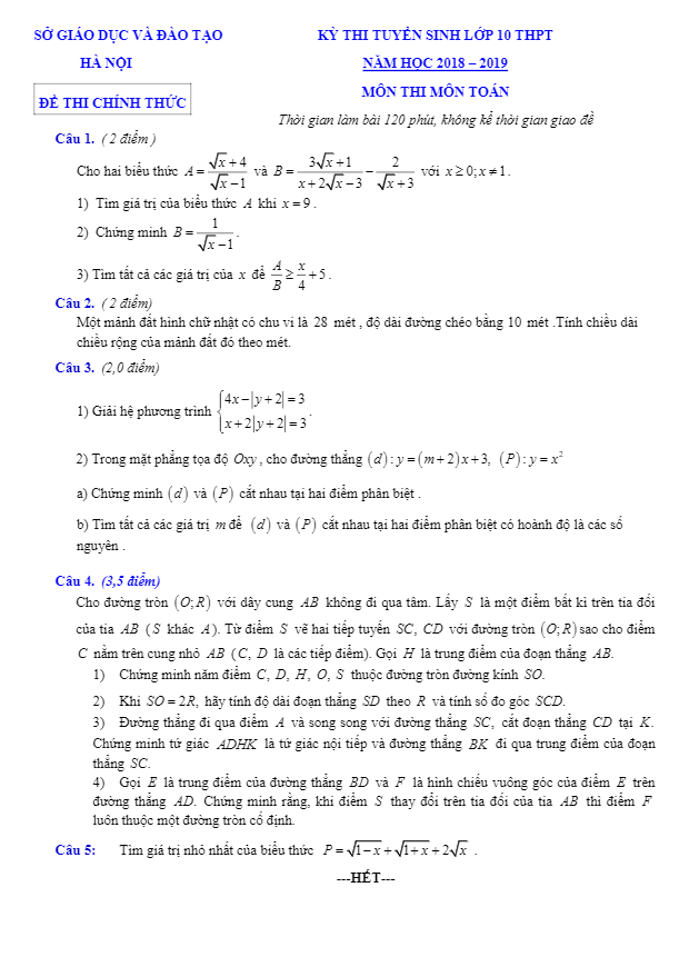Đề Toán tuyển sinh vào THPT 2018 2019 sở GD và ĐT Hà Nội