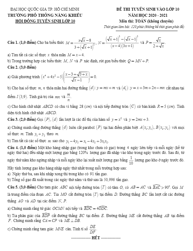 Đề tuyển sinh 10 môn Toán (không chuyên) năm 2020 2021 trường PTNK TP HCM