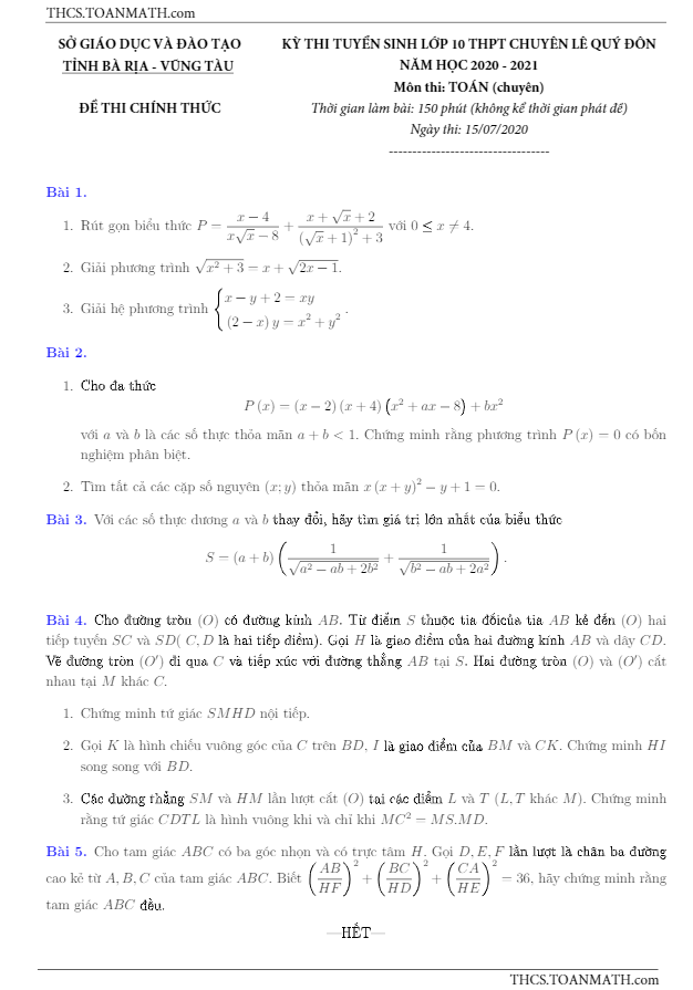 Đề tuyển sinh 10 môn Toán năm 2020 2021 trường chuyên Lê Quý Đôn BR VT