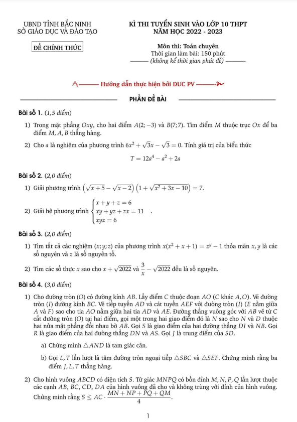 Đề tuyển sinh chuyên môn Toán (chuyên) 2022 2023 sở GD ĐT Bắc Ninh