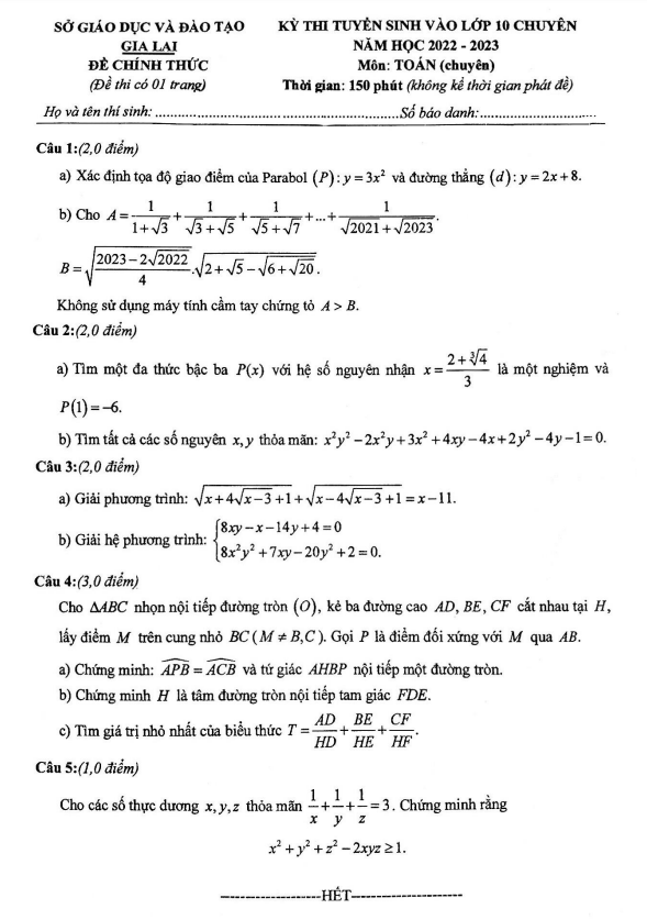 Đề tuyển sinh chuyên môn Toán (chuyên) 2022 2023 sở GD ĐT Gia Lai