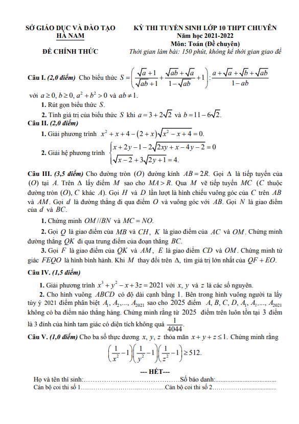 Đề tuyển sinh chuyên môn Toán (chuyên) năm 2021 2022 sở GD ĐT Hà Nam