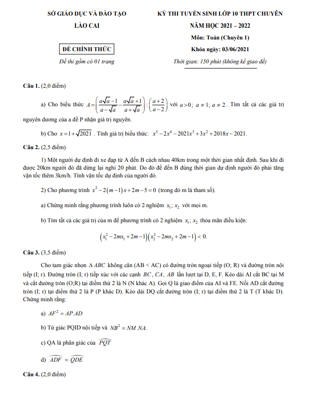 Đề tuyển sinh chuyên môn Toán (chuyên) năm 2021 2022 sở GD ĐT Lào Cai