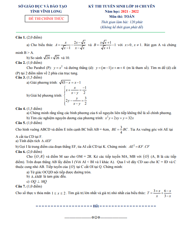 Đề tuyển sinh chuyên môn Toán (chuyên) năm 2021 2022 sở GD ĐT Vĩnh Long