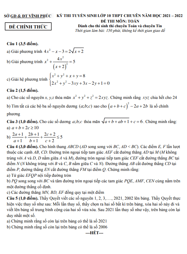 Đề tuyển sinh chuyên môn Toán (chuyên) năm 2021 2022 sở GD ĐT Vĩnh Phúc