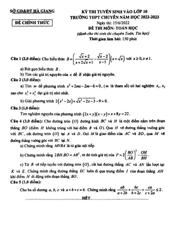 Đề tuyển sinh chuyên môn Toán (chuyên) năm 2022 2023 sở GD ĐT Hà Giang