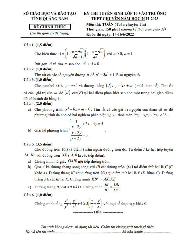 Đề tuyển sinh chuyên môn Toán (chuyên Tin) 2022 2023 sở GD ĐT Quảng Nam