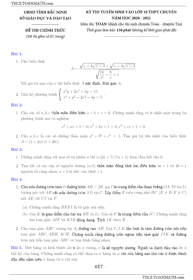 Đề tuyển sinh chuyên môn Toán năm 2020 2021 sở GD ĐT Bắc Ninh